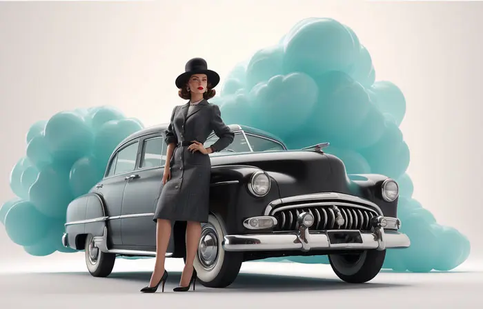 Woman Posing with Car 3D Character Design Art Illustration
